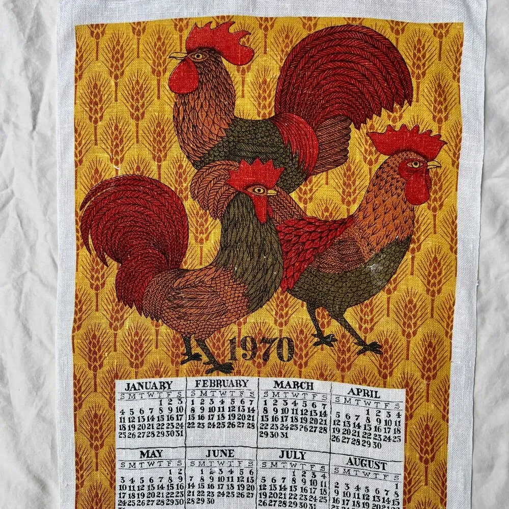 Vtg 1970 Linen Towel Calendar 3 Red Roosters Wheat Background Retro Kitchen